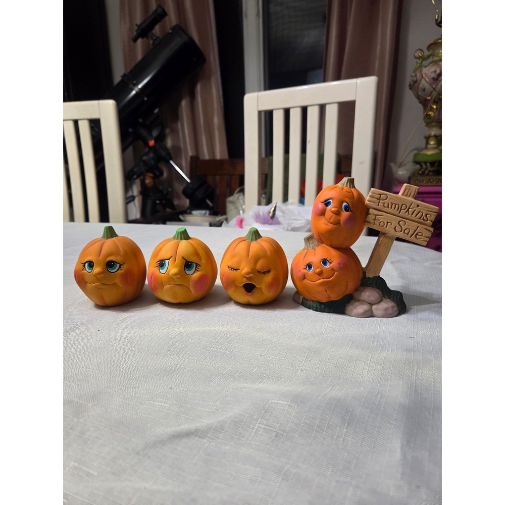 Vintage Ceramic Expressive Pumpkin Figurine Set Fall Halloween Decor 4 Piece